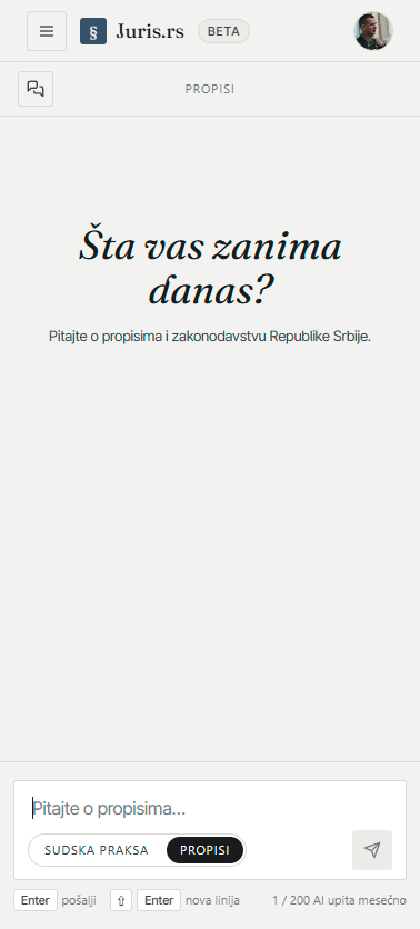 Početni ekran asistenta sa izabranim režimom Propisi