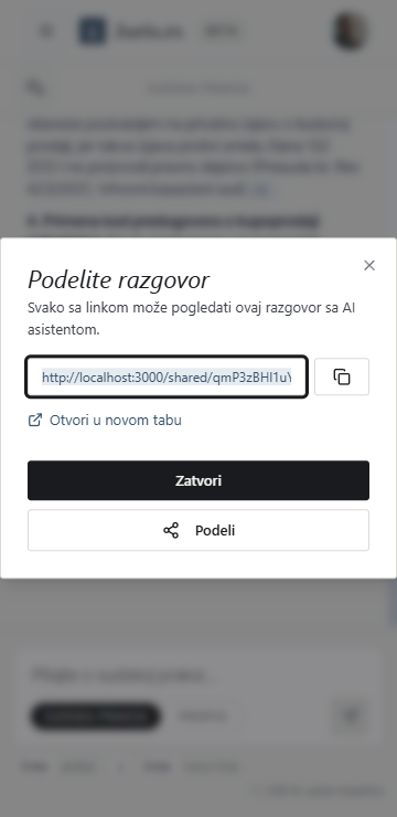 Prozor Podelite razgovor sa linkom samo za čitanje
