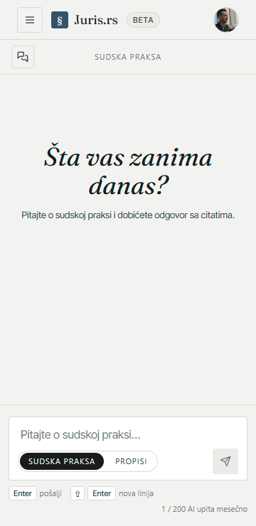 Početni ekran asistenta, izabran je režim Sudska praksa